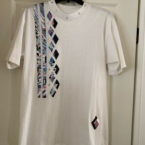 Hanes White Short Sleeve Tee with Iridescent Multicolor Stripes